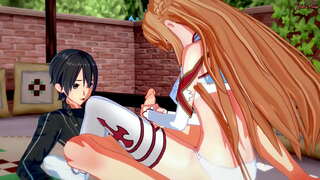 Kirito meunang blowjob ti Asuna, mangka fucks nya teuas dina ranjang.